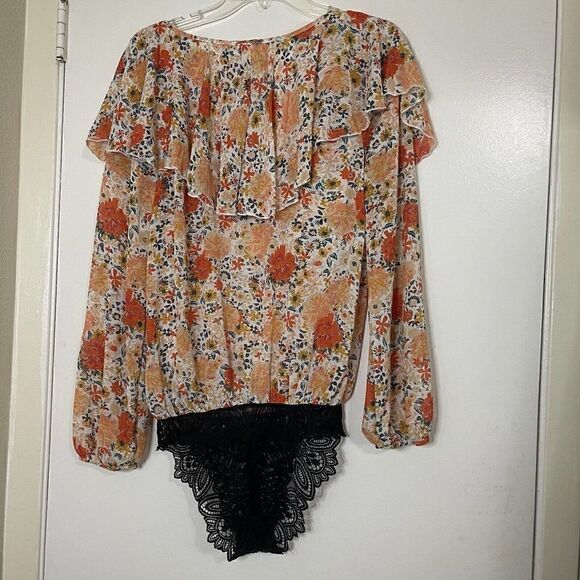 FREE PEOPLE intimates Say it to Me Orange floral ruffle boho bodysuit size XS - Picture 5 of 7